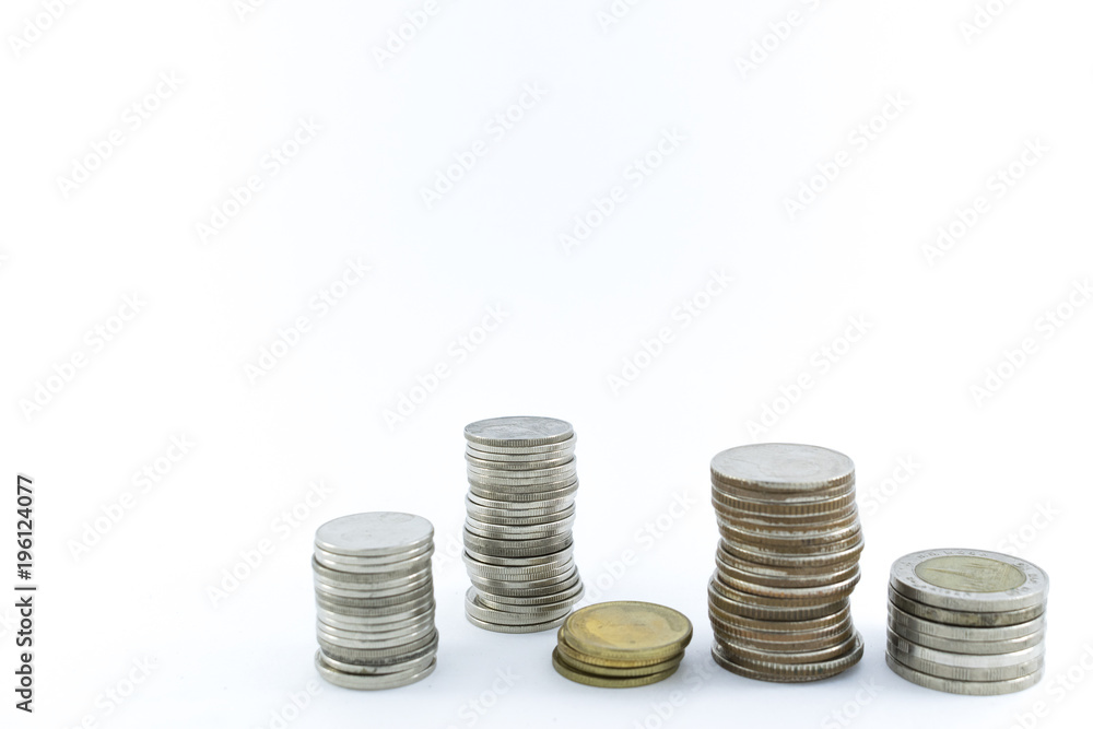 Baht Thailand coins stacked on white background. Baht Thailand coins stacked on white background.
