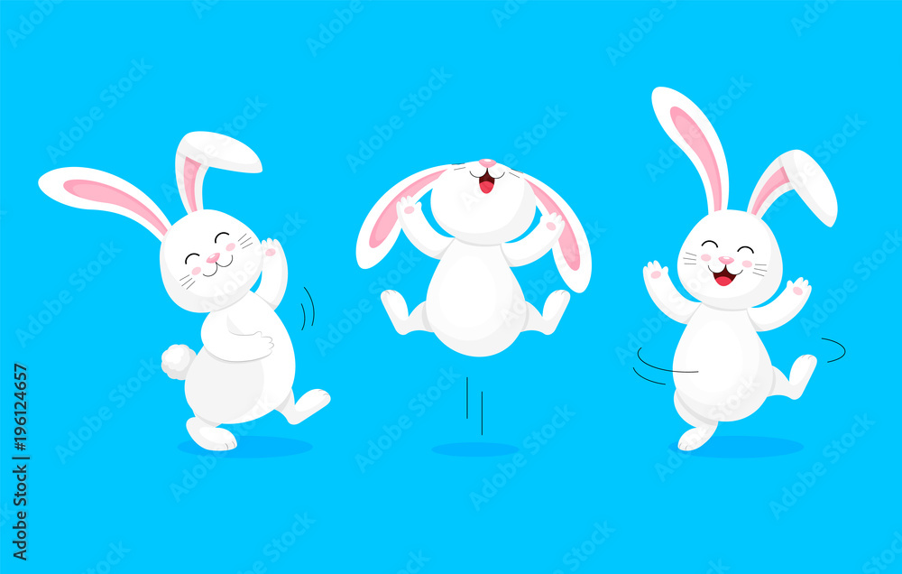 Naklejka premium Biały królik skacze i tańczy. Słodki króliczek. Wesołych Świąt Wielkanocnych, projekt postaci z kreskówek. Ilustracja na białym tle na niebieskim tle.