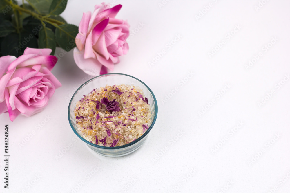 top view homemade scrub with sea solt,aroma oils and rose petals top view homemade scrub with sea solt,aroma oils and rose petals