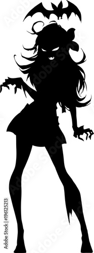 Cute cartoon black and white illustration of an elegant vampire girl silhouette