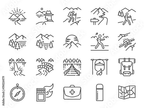 Trekking line icon set. Included the icons as view, nature, camping, mountain, forest, backpacking, travel, sunset and more.
