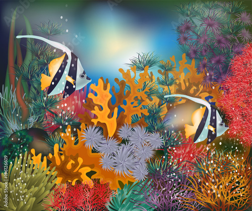 Underwater tropical card with Moorish idol fish, vector illustration