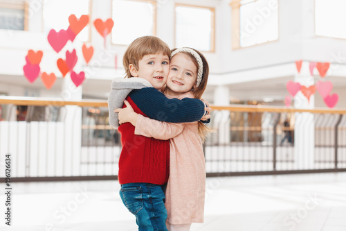 Group Portrait Of Two White Caucasian Cute Adorable Funny Children Boy And Girl Hugging Kissing Each Other Love Friendship Fun Concept Best Friends Forever Stock Photo Adobe Stock