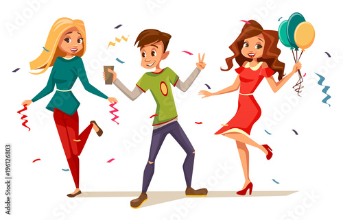Young teens dancing at party vector illustration of cartoon kids isolated characters celebrating birthday or holiday. Flat design of boy with cocktail drink and girls with balloons in party confetti