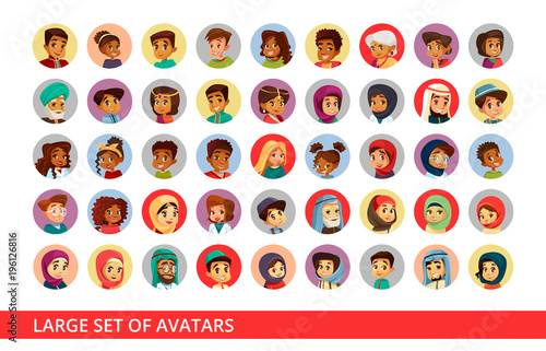 Social network user avatars vector cartoon illustration of people and children different nationality. Set of black Afro-american woman and Arabian man, Asian girl and Indian boy for profile account