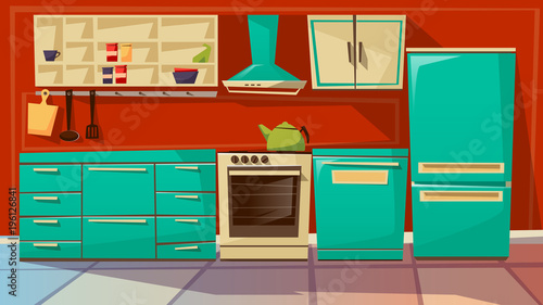 Modern kitchen interior vector illustration. Cartoon flat background design of kitchen furniture and appliances refrigerator or cupboard, cooking stove oven and dishwasher or exhaust hood and cutlery