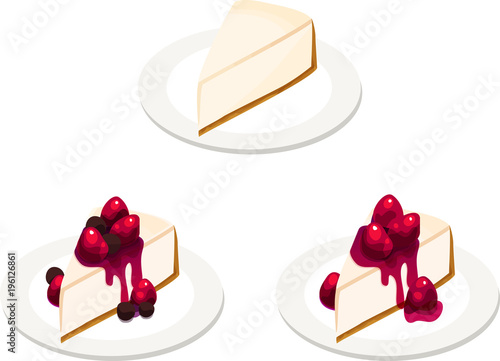 Three plates with classic, mixed berry, and strawberry cheesecake slices. Isolated vector illustration.