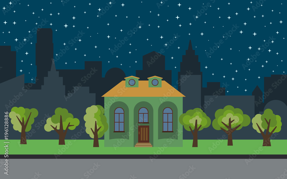 Vector city with cartoon house and green trees at night. Summer urban landscape. Street view with cityscape on a background
