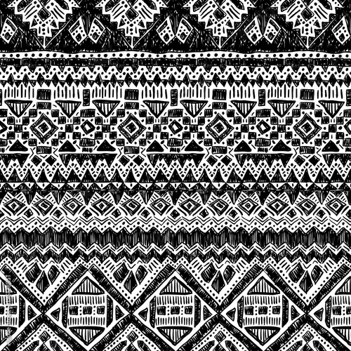 Tribal pattern. Ethnic print. Aztec. Abstract fabric. Cloth design. Style. Boho. Tie dye. Hippie. Spiritual fashion. Seamless. Fashion. Black and white. Sketch pattern. Hand drawn seamless vector.