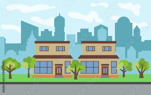 Vector city with two two-story cartoon houses and green trees in the sunny day. Summer urban landscape. Street view with cityscape on a background  