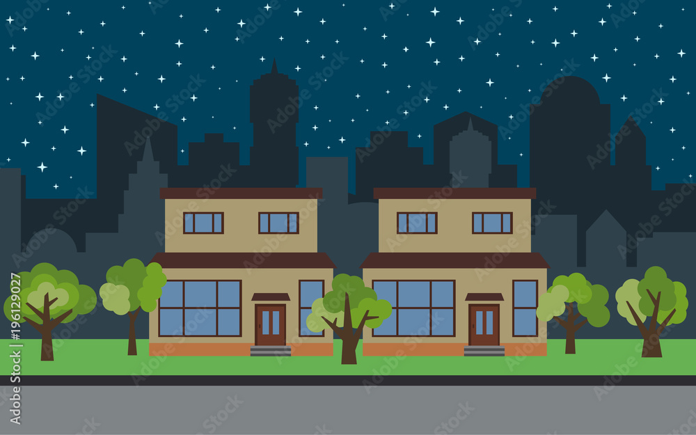 Vector city with two two-story cartoon houses and green trees at night. Summer urban landscape. Street view with cityscape on a background
