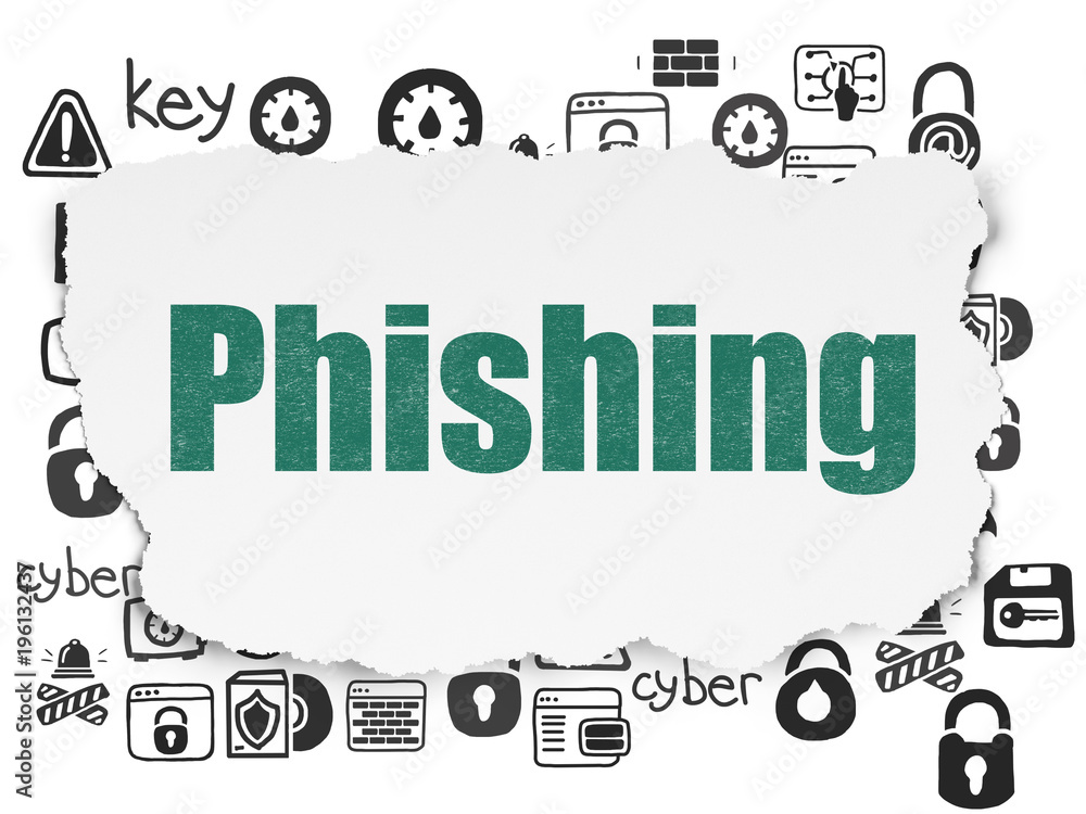 Fototapeta premium Privacy concept: Painted green text Phishing on Torn Paper background with Hand Drawn Security Icons