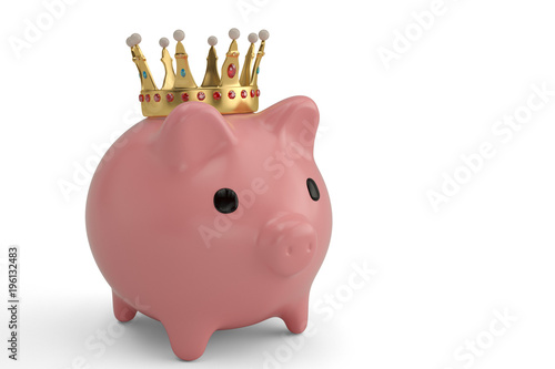 Pink piggy bank with crown.3D illustration photo