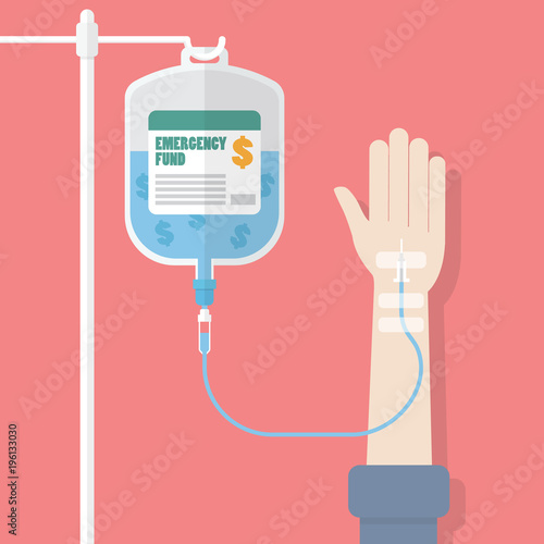 Emergency fund in saline bag with patient hand