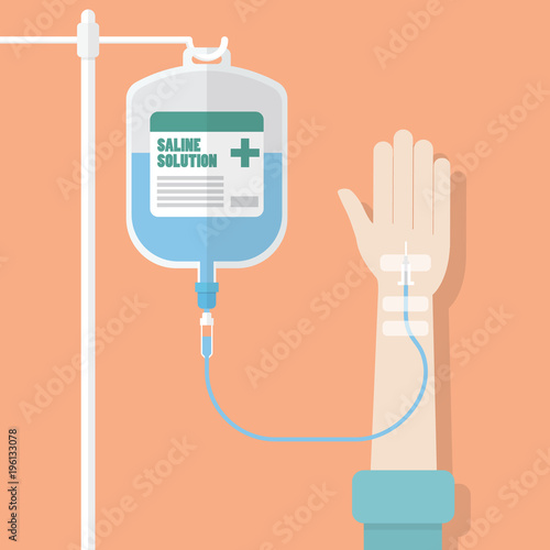 Saline solution bag with patient hand