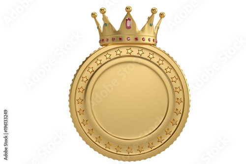 Gold crown on big coin creative concept. 3D illustration.