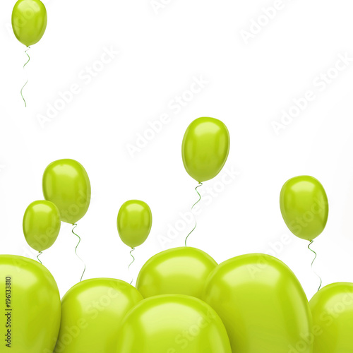 Yellow green balloons top on down isolated on white background. 3D illustration of party balloons