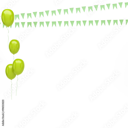 Yellow green balloons on the left side isolated on white background. 3D illustration of celebration, party balloons