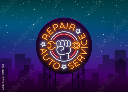 Auto service repair logo in neon style. Neon sign, a symbol on the topic of repairing cars. Emblem, bright banner, shiny sign, night non-neon bright advertising of auto repair. Vector illustration