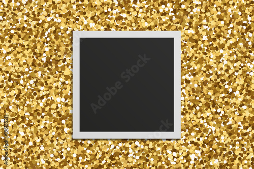 Realistic square foto frame with shadows on gold glitter texture background.