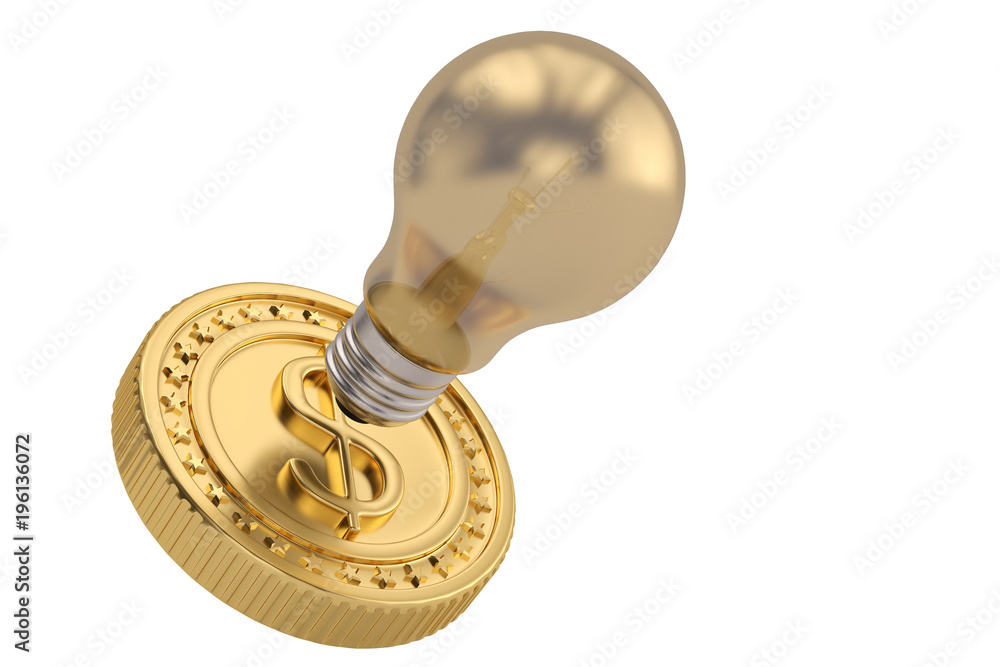 Golden light bulb and big coin on white background. 3D illustration.
