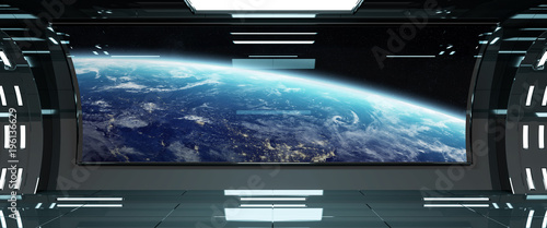 Fototapeta Naklejka Na Ścianę i Meble -  Spaceship interior with view on Earth 3D rendering elements of this image furnished by NASA