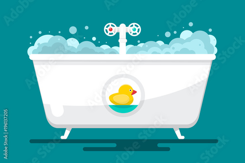 Bath. Vector Bathtube with Duck. Flat Design Bathroom Symbol.