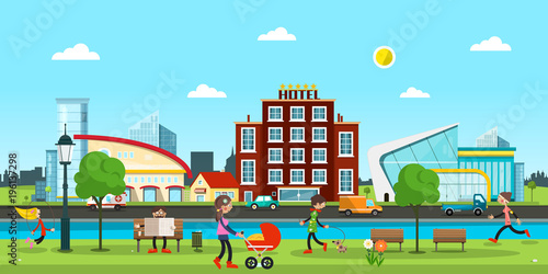 City. Vector Abstract Town with People in Park, Cars on Street, River and Comercial Buildings on Background.