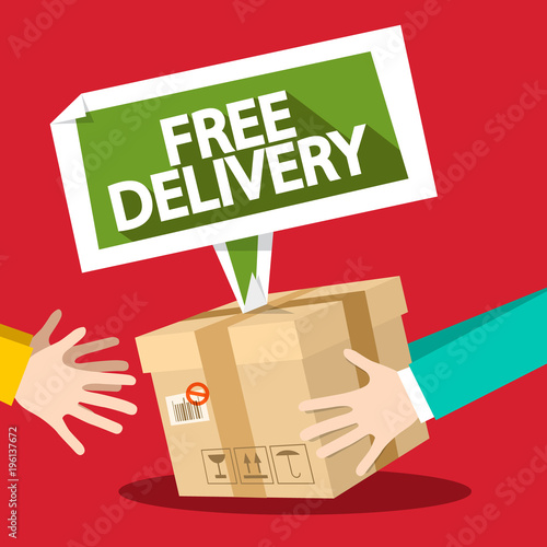 Free Delivery Symbol with Parcel and Hands. Vector Flat Design Illustration.