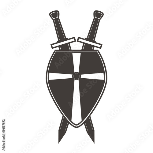 Ancient weapon and protective equipment. Scandinavian medieval shield crossed swords. An icon for the website. Crusader's board.Military equipment of soldiers. Concept design tattoo. Flat vector.