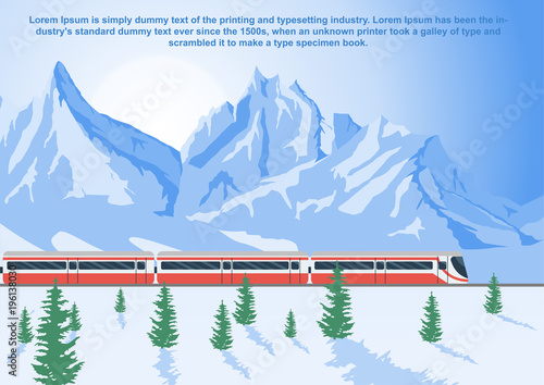 Sightseeing train running in mountains, the Glacier Express in winter