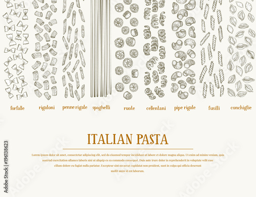 Vector banner with different types of traditional Italian pasta. Hand drawn background. Can be use for menu or packaging design. Italian cuisine illustration.