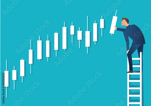 Business concept vector illustration of a man on ladder with candlestick chart background, concept of stock market