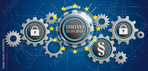 DSGVO Banner mit Zahnräder auf einem digitalen Hintergrund