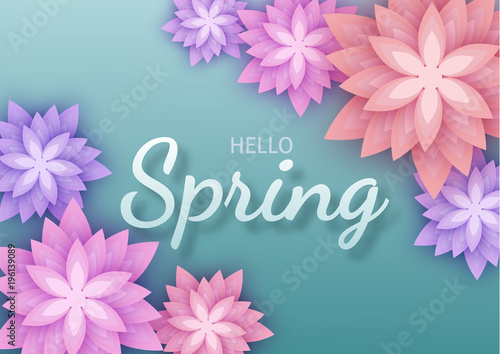 Hello Spring  floral greeting card  paper flowers. Banner with r