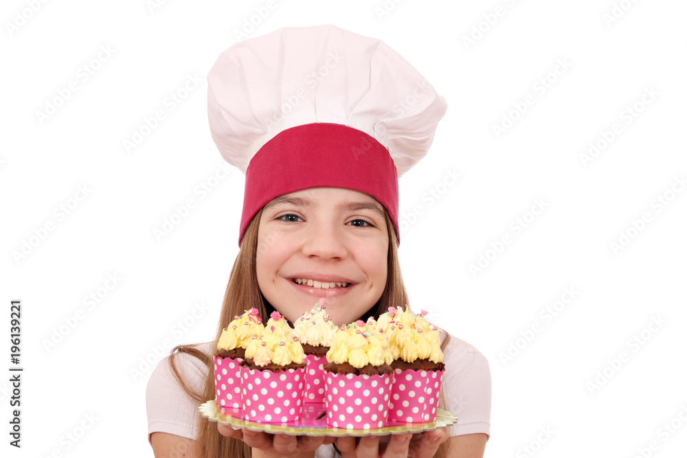 Happy little girl cook with muffins dessert Happy little girl cook with muffins dessert