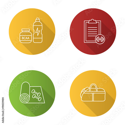Fitness flat linear long shadow icons set