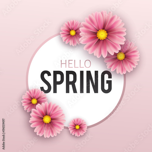 Hello Spring  floral greeting card  flowers. Banner with realistic flowers. Vector illustration