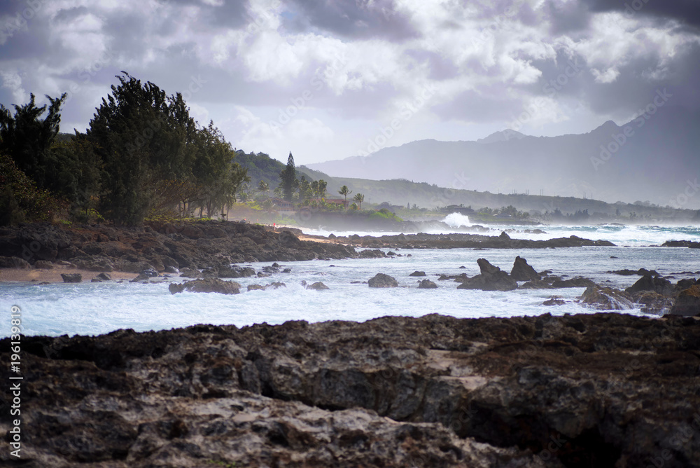 The rocky portion of Oahu, Hawaii's north shore from Shark's Cove on windy day The rocky portion of Oahu, Hawaii's north shore from Shark's Cove on windy day