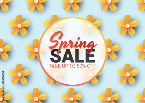 Spring sale floral advertizing poster, board. Banner with paper flowers. Vector illustration