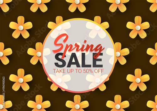 Spring sale floral advertizing poster, board. Banner with paper flowers. Vector illustration