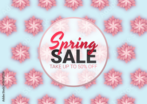 Spring sale floral advertizing poster, board. Banner with paper flowers. Vector illustration