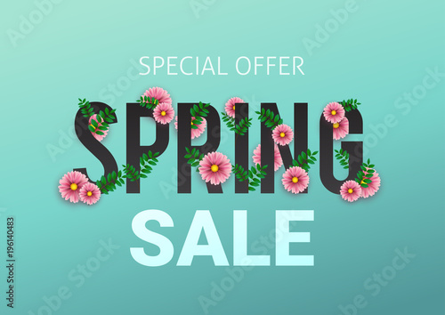 Spring sale floral advertizing poster, board. Banner with realistic flowers. Vector illustration