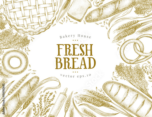 Bakery top view banner. Hand drawn frame with bread, pastry, wheat. Bakery set vector illustration. Background design template. Engraved vintage style