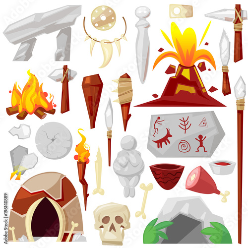 Stone age vector primeval neanderthal stoned weapon axe and prehistoric primitive spear of ancient caveman illustration of cave paintings and volcano or bonfire set isolated on white background