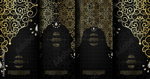 Arabesque abstract islamic element classy black and gold background card template vector set