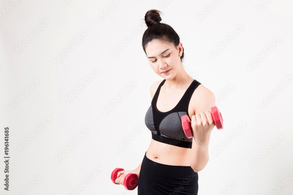 Happy young fitness woman. Studio shot on white background. Fitness and health concept Happy young fitness woman. Studio shot on white background. Fitness and health concept