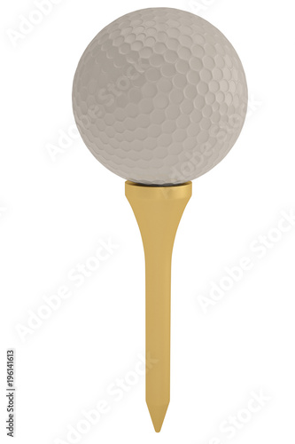 Golf ball on golden tee isolated on white. 3D illustration.