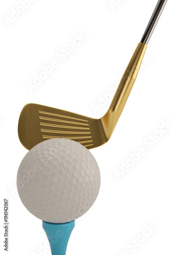 Golf ball and golf club isolatedon white background. 3D illustration.