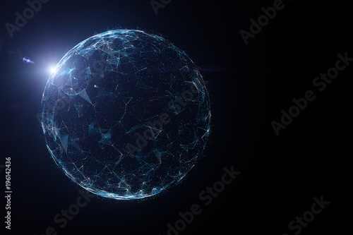 Futuristic network globe with lines, dots and sunlight illustration, view from space. © robsonphoto